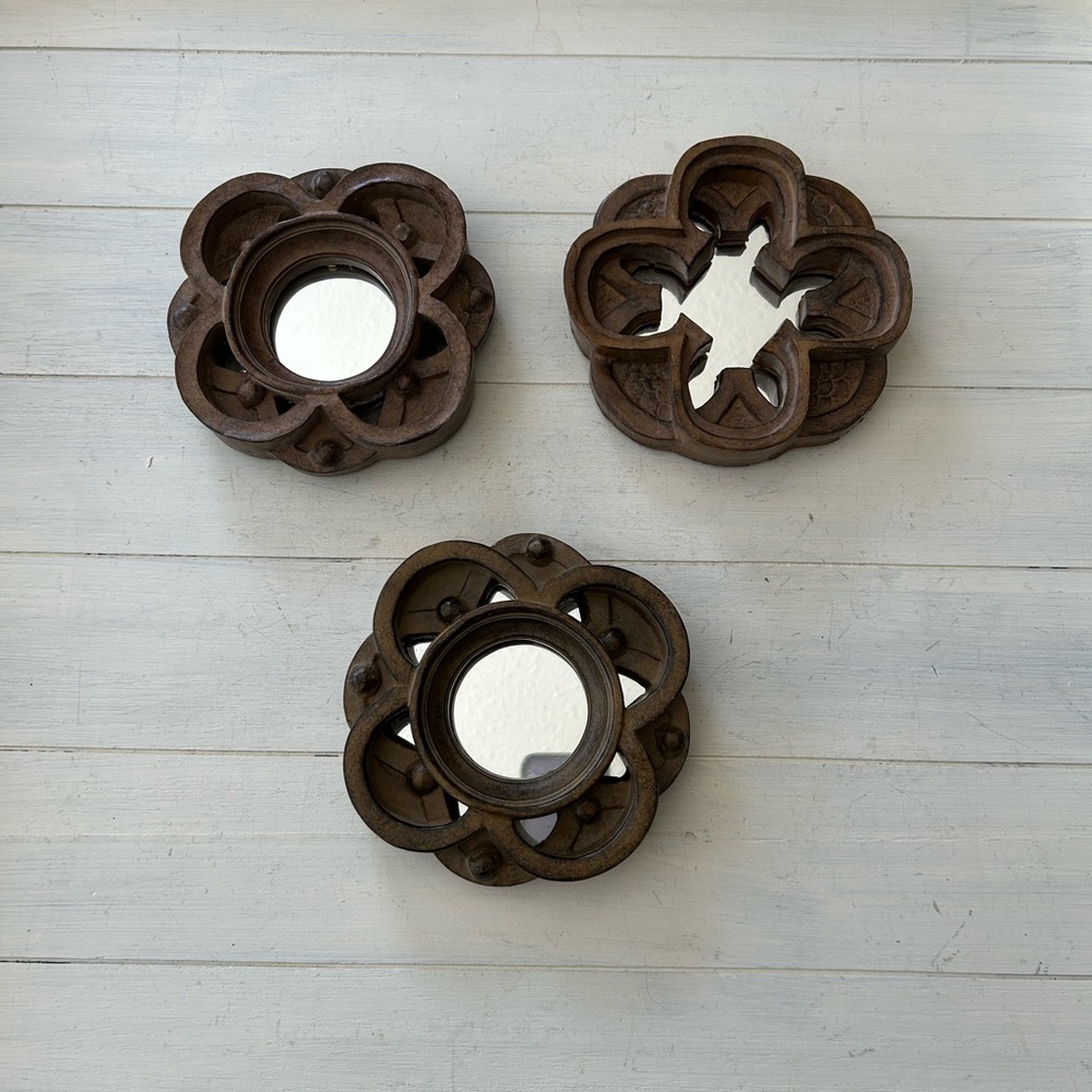 Rustic Brown Carved Wall Mirrors - Set of 3